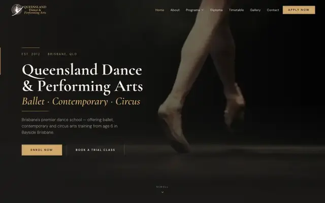 Queensland Dance & Performing Arts homepage, built by WebCraft Studio